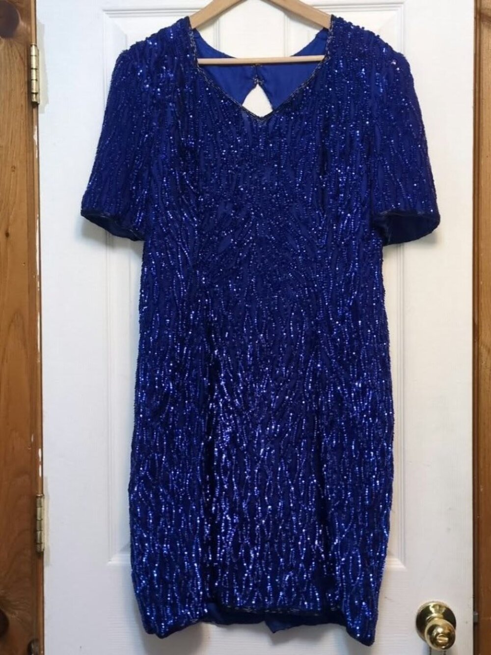 Vintage Blue Silk Sequin Embroidery CutOut Back Evening Mini Dress Sz XL 90s Y2K